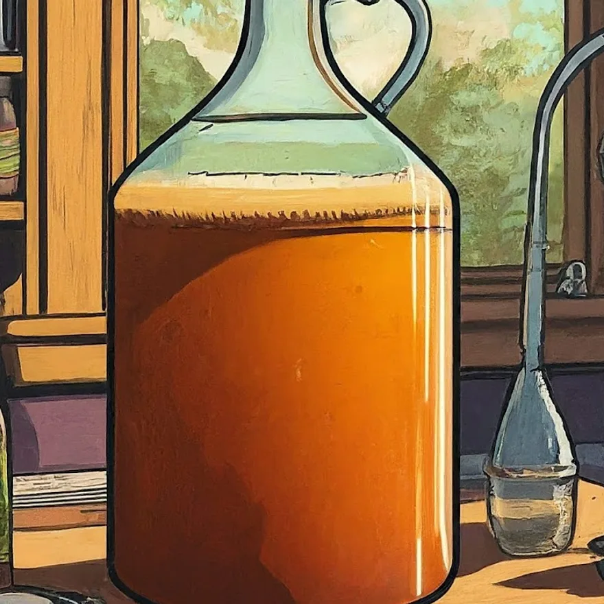 Garrafão de fermentação com mangueira ligada a um copo d'água